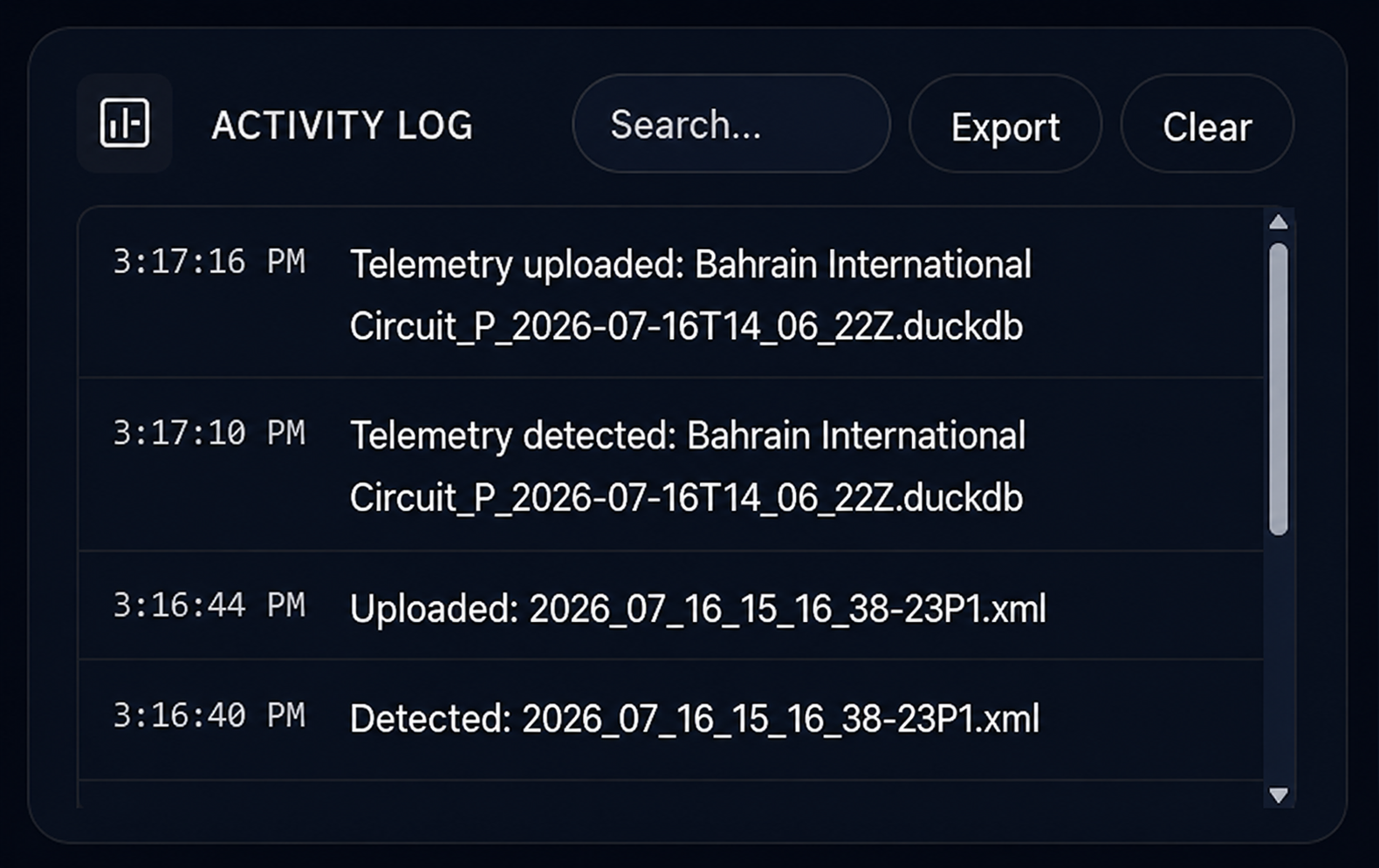 Activity Log — file detected and upload progress