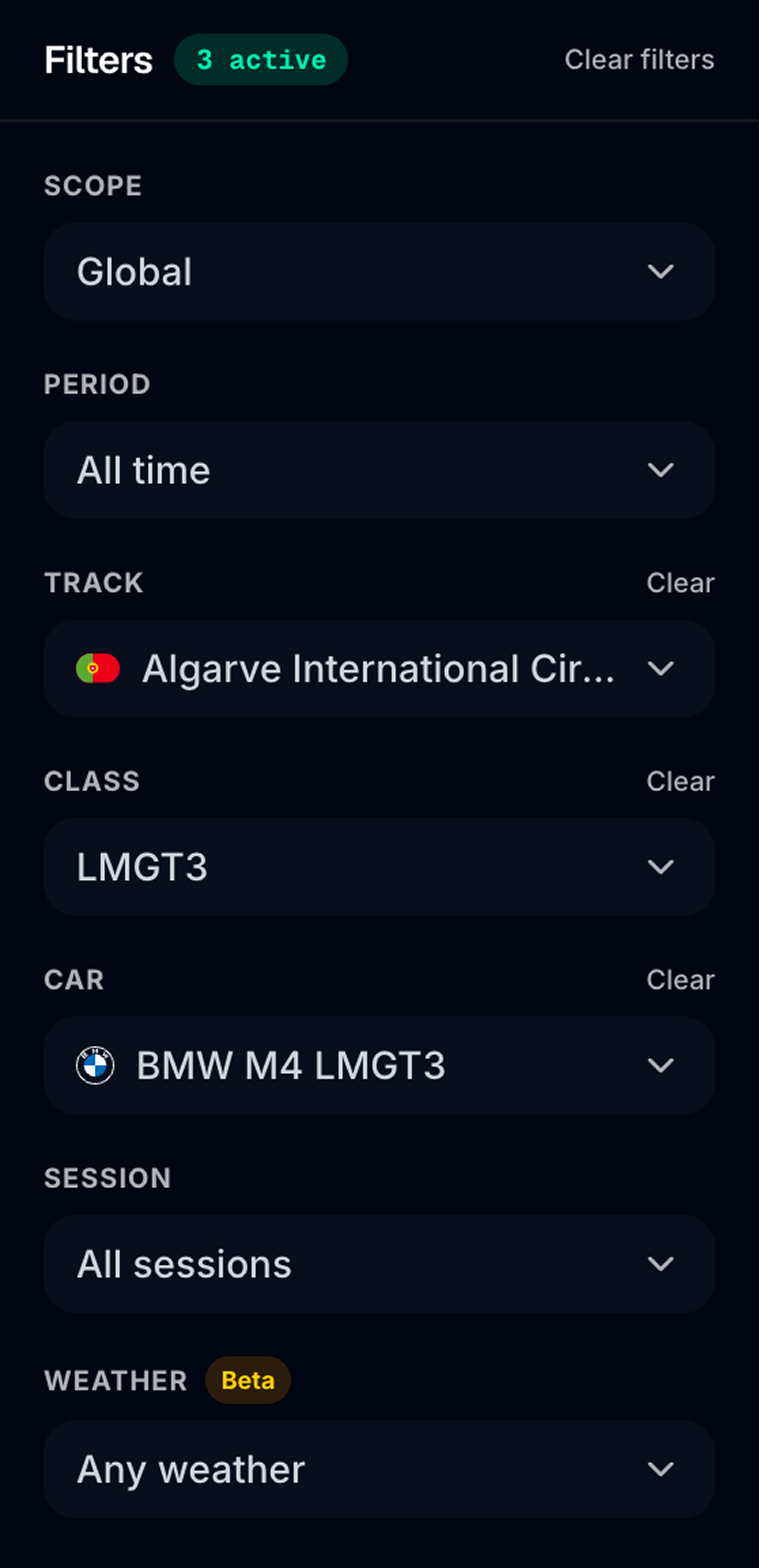 Leaderboard filters — scope, car class, period, weather, session type