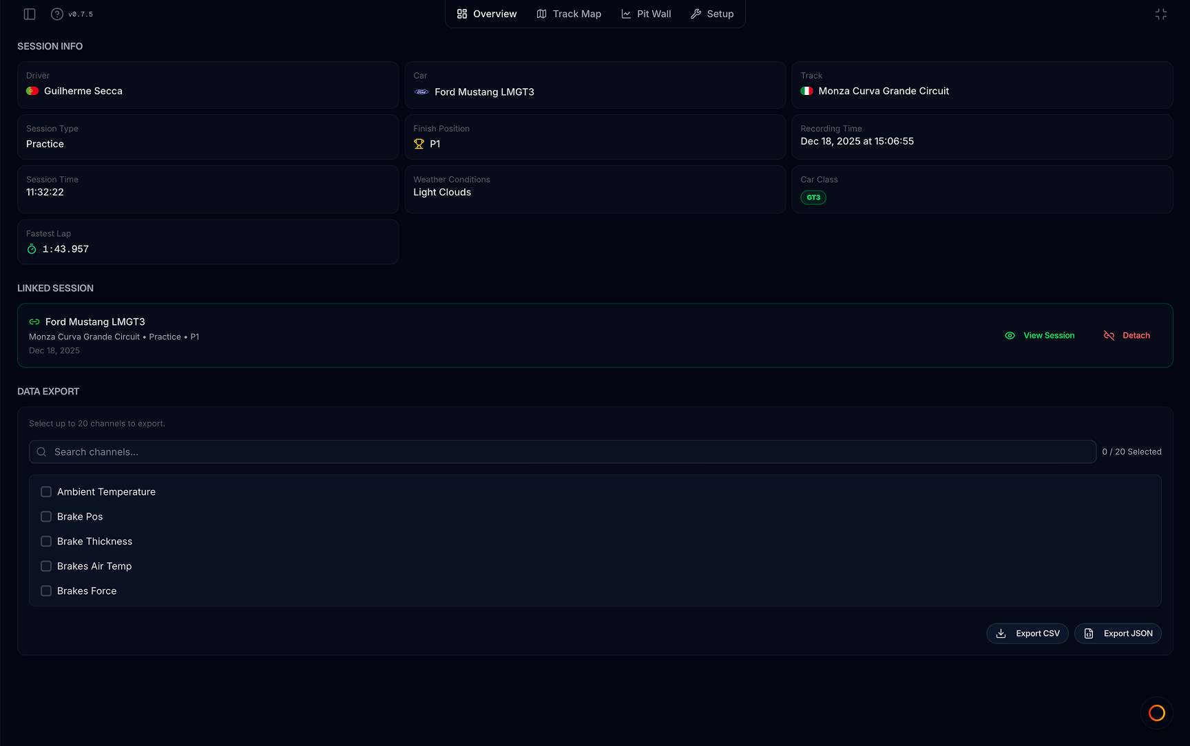 Overview tab — session info, linked session, and data export