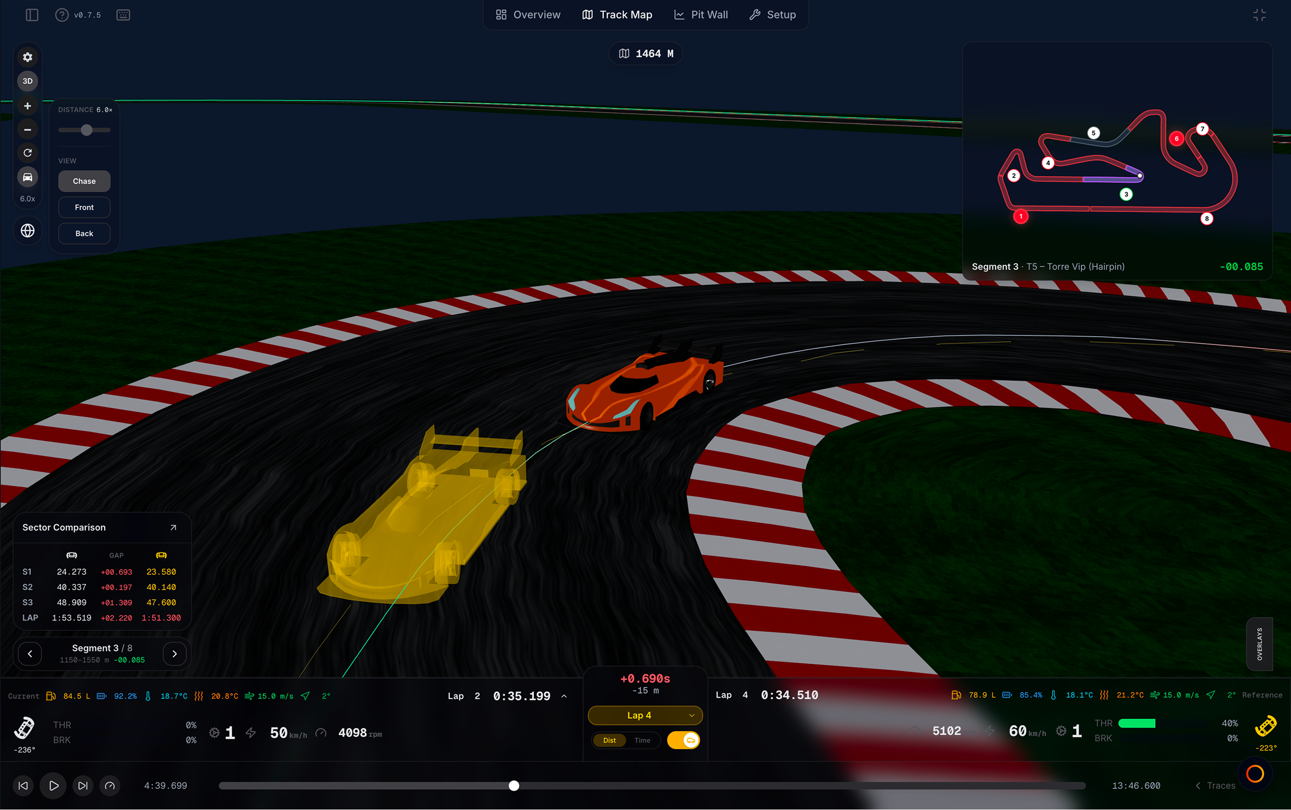 3D track replay — WebGL track with ghost car