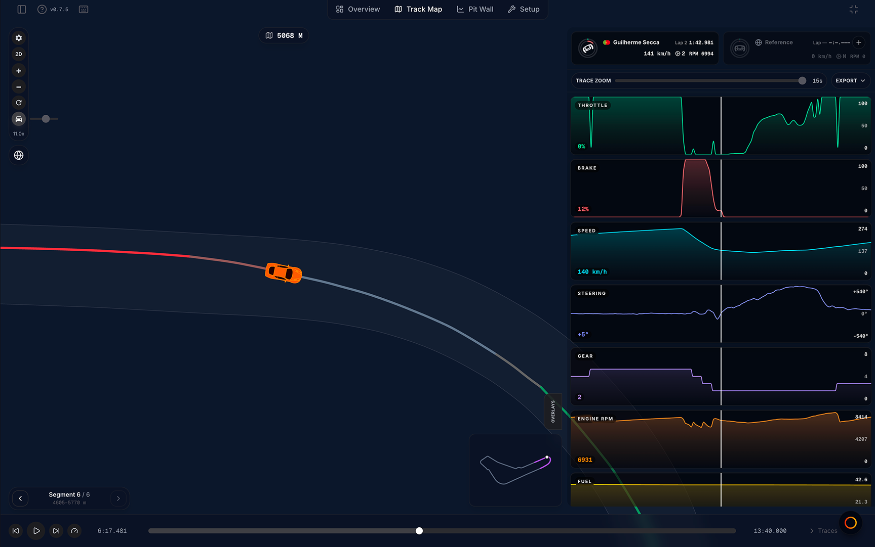 Track Map layout — map, traces panel, and replay control bar