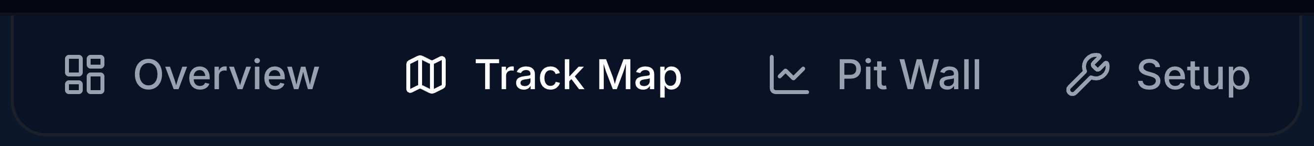 Viewer tabs — Overview, Track Map, Pit Wall, and Setup